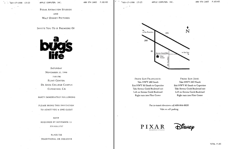 A copy of a November 1998 invitation from Pixar to Chelsea Clinton for her to attend a screening of the animated film A Bug’s Life in Cupertino, California (Clinton Presidential Library)